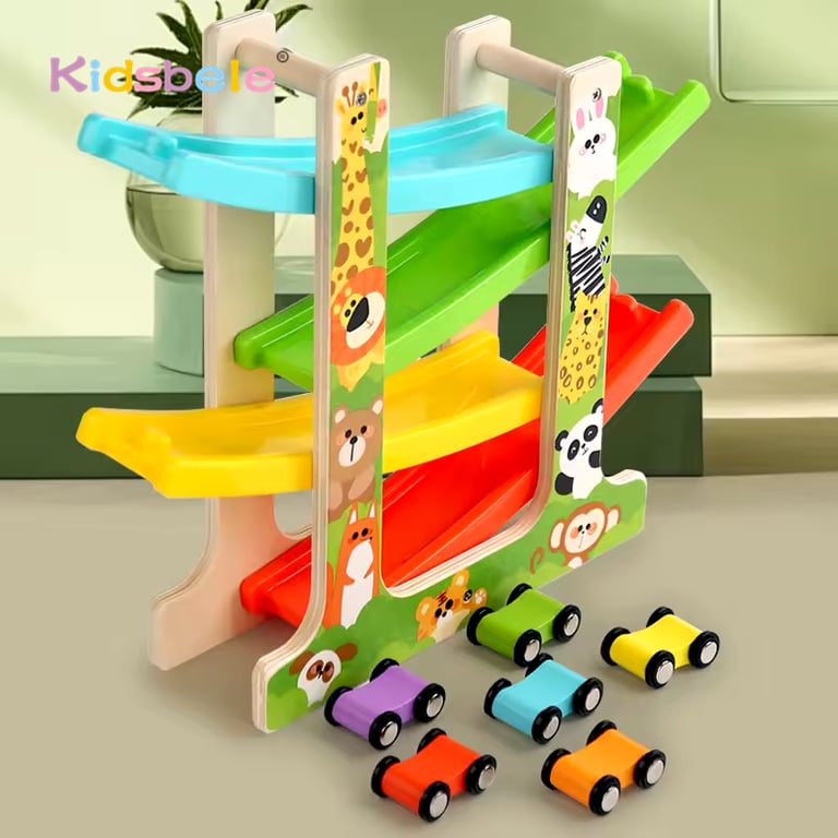 Premium Wooden Gliders Set with Animal and Traffic Theme for Educational Play - Montessori Inertia Track Car Toys for Kids, Safe and Non-Toxic, Perfect Birthday Gifts, Develop Fine Motor Skills and Hand-Eye Coordination, Durable Four-Layer Design for Hours of Fun