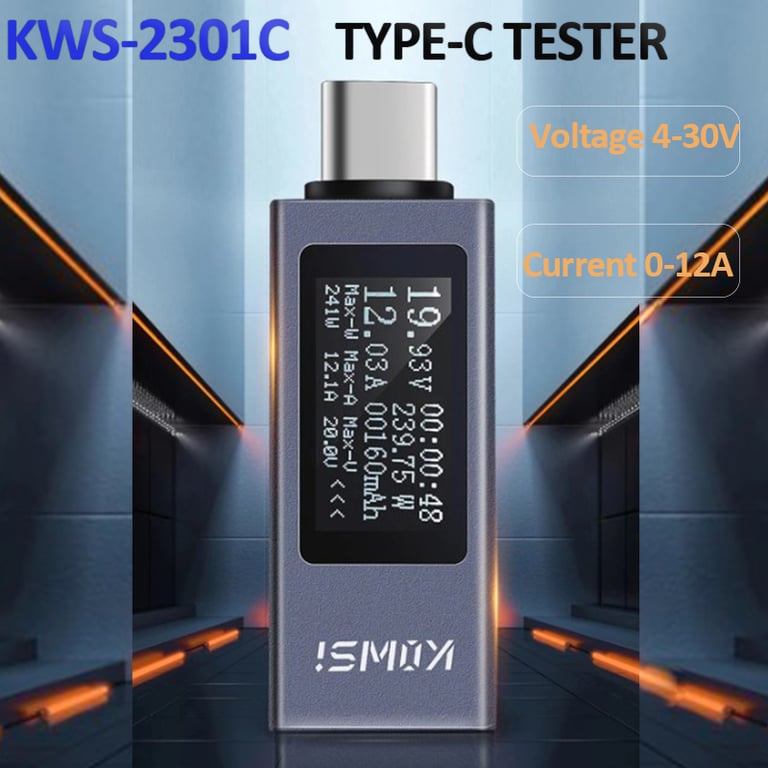 KWS-2301C Type-C Current and Voltage Monitor with Power Delivery Support - Digital LCD Display, Portable and Compact Power Meter Tester for Electronics Testing, Battery Capacity Monitoring, and Power Supply Analysis - DC 4-30V, 0-12A Range - Ideal for Professionals, Hobbyists, and Students