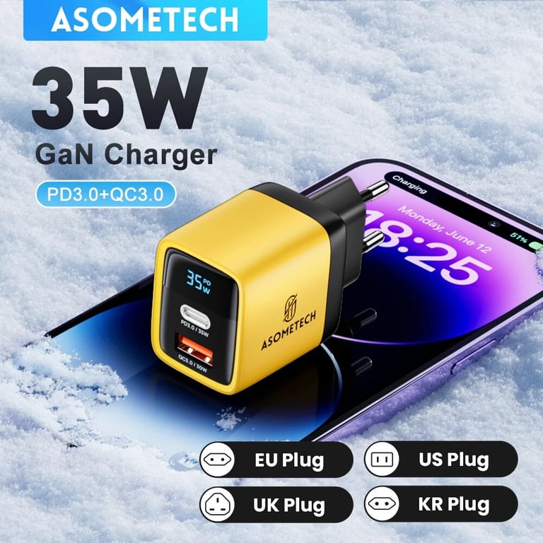 ASOMETECH 35W GaN Charger with LED Display, Quick Charge 3.0, PD, PPS Support - 30W/25W Output, USB Type-C Compatible for iPhone 14 Pro, Samsung S23, Xiaomi - Compact & Efficient High Power Charging Technology