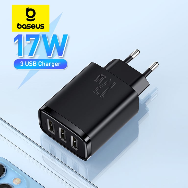 Baseus 17W USB Charger with 3 Ports for Fast and Efficient Charging of iPhone, Xiaomi, Samsung - Universal Compatibility, Safe and Reliable Portable Wall Adapter with Foldable Plug - Durable and Stylish Design for Travel, Work, Home Use