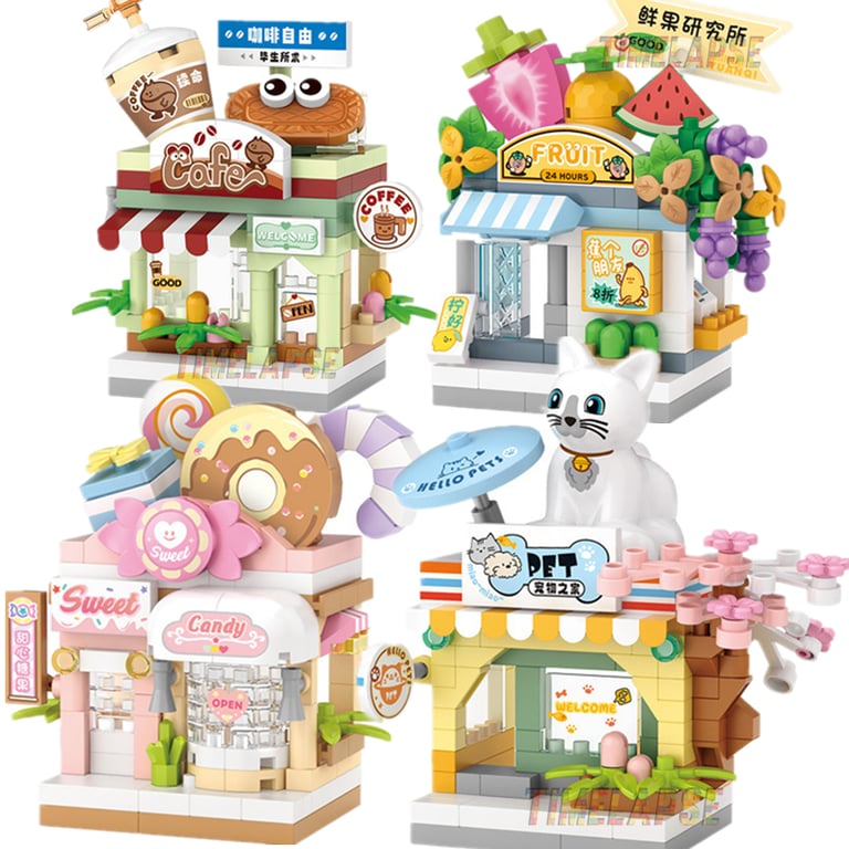 Interactive Realistic Street View Building Blocks Kit for Girls - Detailed Restaurant Dessert Coffee Pet Fruit Store Playset with Opening Doors, Removable Roof, and Customizable Signage - Educational Toy for Spatial Awareness, Fine Motor Skills, and Imaginative Play - Durable ABS Plastic Construction