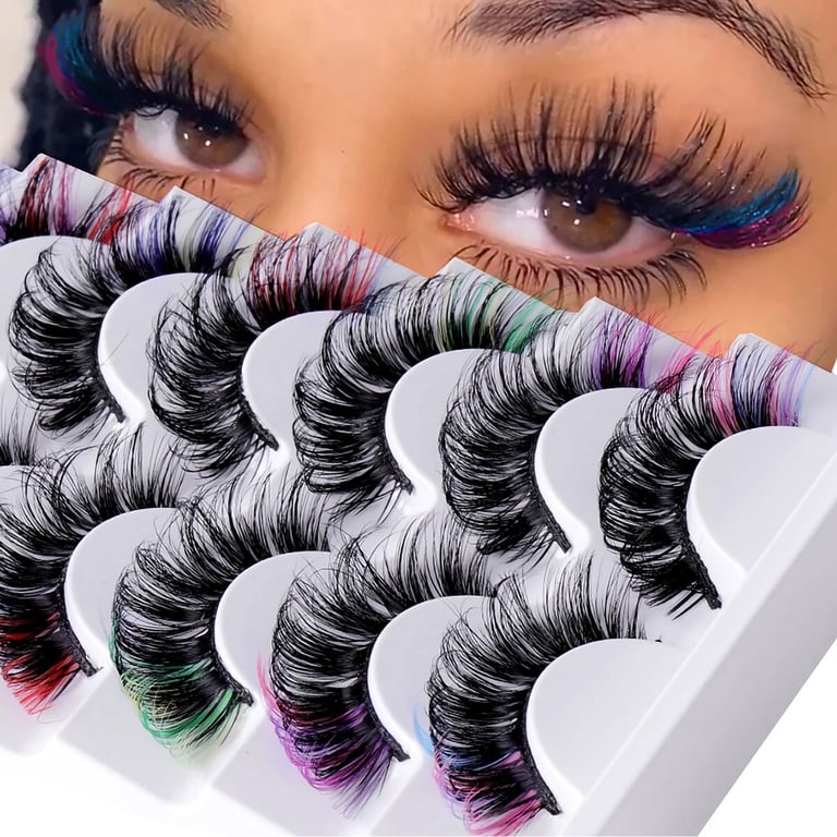 7 Pairs of Colored Eyelashes Set - Vibrant Fluffy Faux Mink D Curl Lashes for Dramatic Volume and Length - Long Lasting and Reusable High-Quality Fake Eye Lash Kit