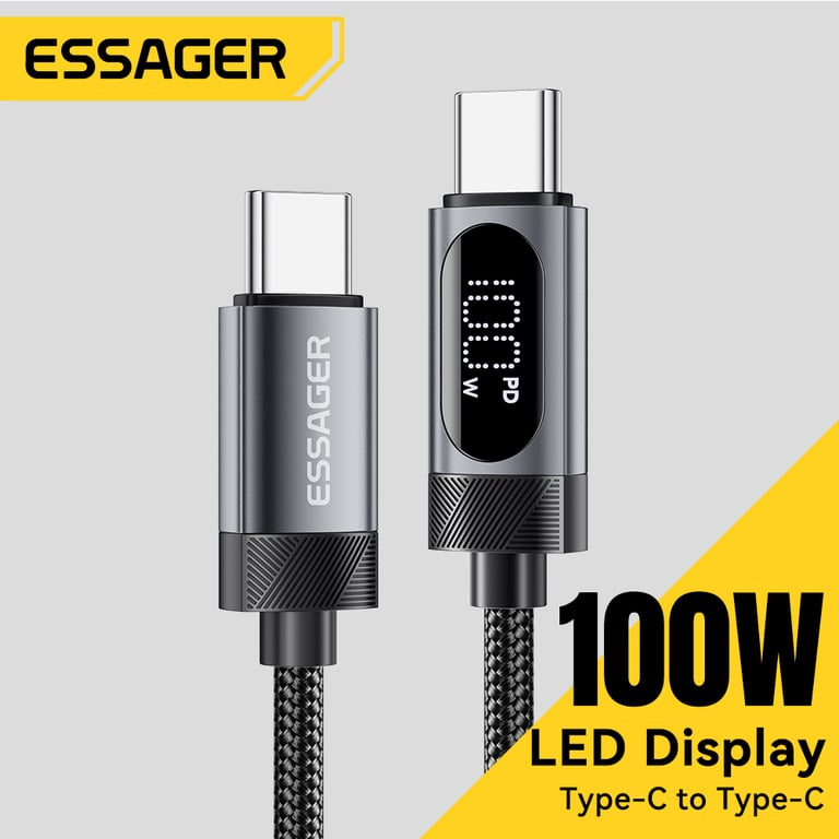 Essager Digital Display USB C Cable - 100W Power Delivery Fast Charging - Durable Type C to C Connection - iPhone 17, Xiaomi, Huawei, Macbook, iPad Compatible - Real-Time Voltage Current Display - Premium Materials for Long-Lasting Reliability