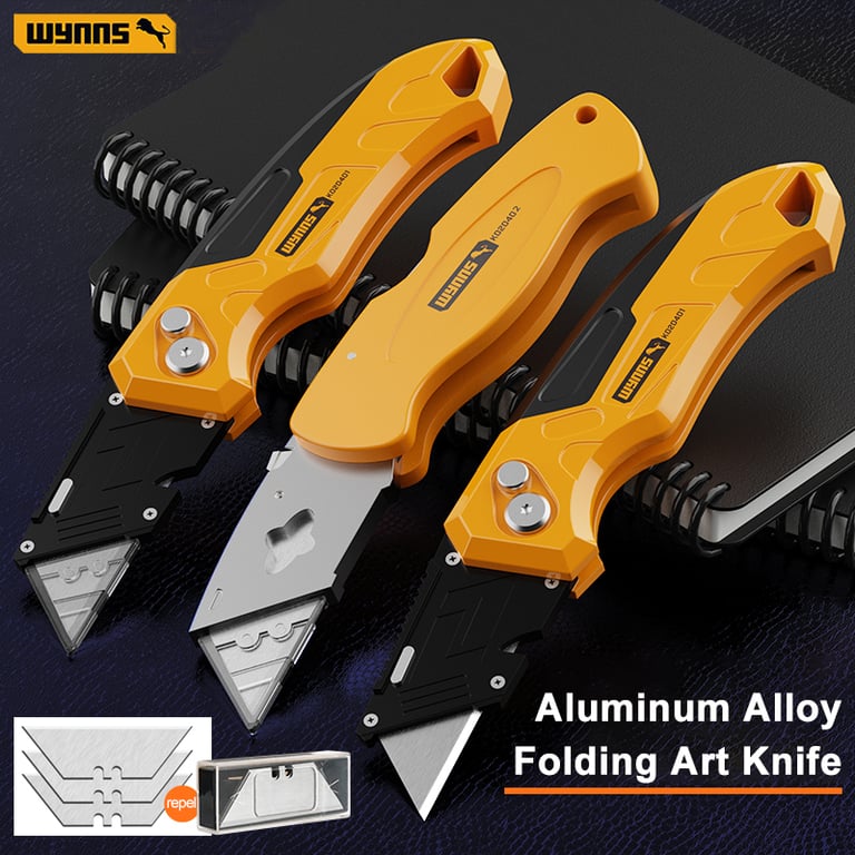 WYNNS Heavy Duty Box Cutter with SK5 Blades - Folding Design, Quick Change Blades, Ergonomic Grip - Versatile Cutting Tool for Cartons, Cardboard Boxes, Professionals, DIY Enthusiasts - Durable Construction for Longevity and Precision Cutting