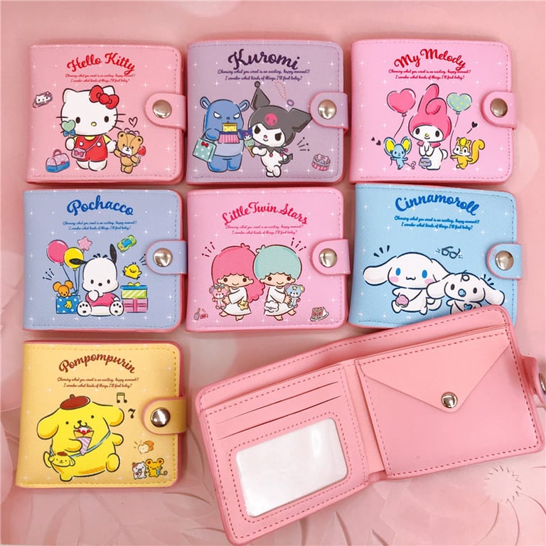 Sanrio Characters Coin Purse with Button Closure and Multiple Compartments - Hello Kitty, Cinnamoroll, My Melody, and Kuromi Design - High-Quality PU Leather Wallet for Coins, Cards, and Cash - Lightweight, Easy to Clean, and Convenient for Everyday Use