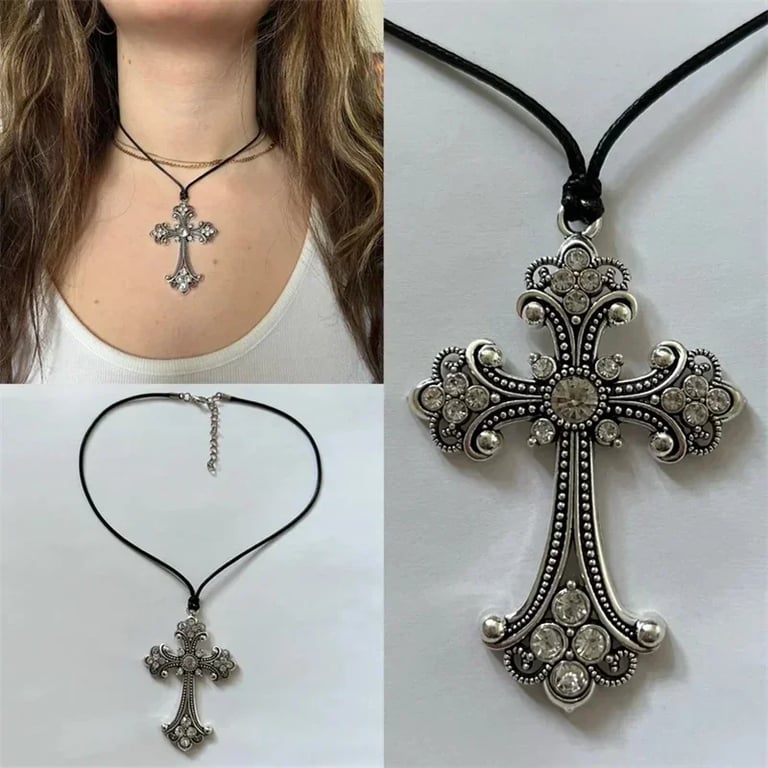 Luxe Rhinestone Cross Choker Necklace with Spiral Hippie Vibe and Goth Punk Edge - Statement Fashion Piece - Perfect Gift Idea for Fashion-Forward Women
