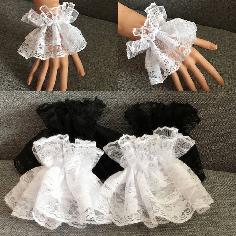 Steampunk Lolita Short Hand Sleeve Gloves with Ruffled Floral Lace and Elastic Bracelet - High-Quality Wrist Cuffs for Cosplay, Steampunk, Gothic Outfits - Adjustable Fit for Various Hand Sizes - Versatile and Elegant Accessory for Special Occasions