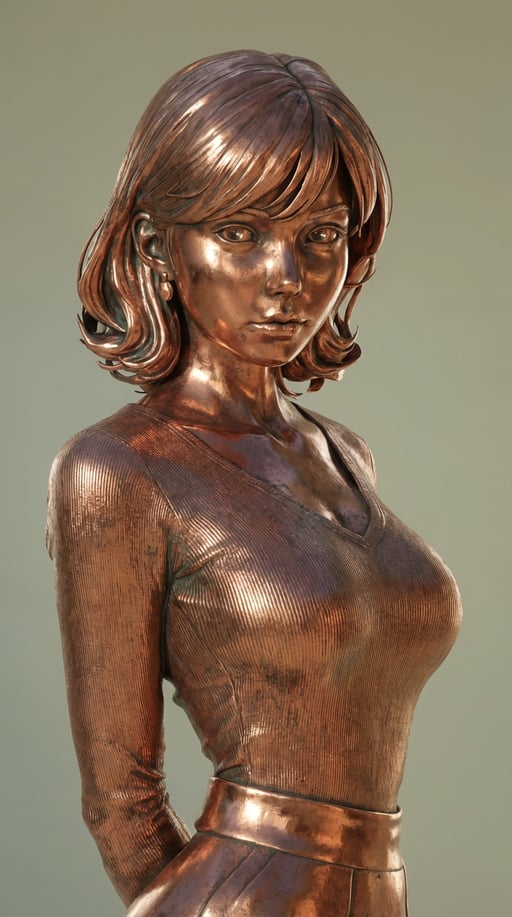 Same portrait transformed into oxidized copper sculpture