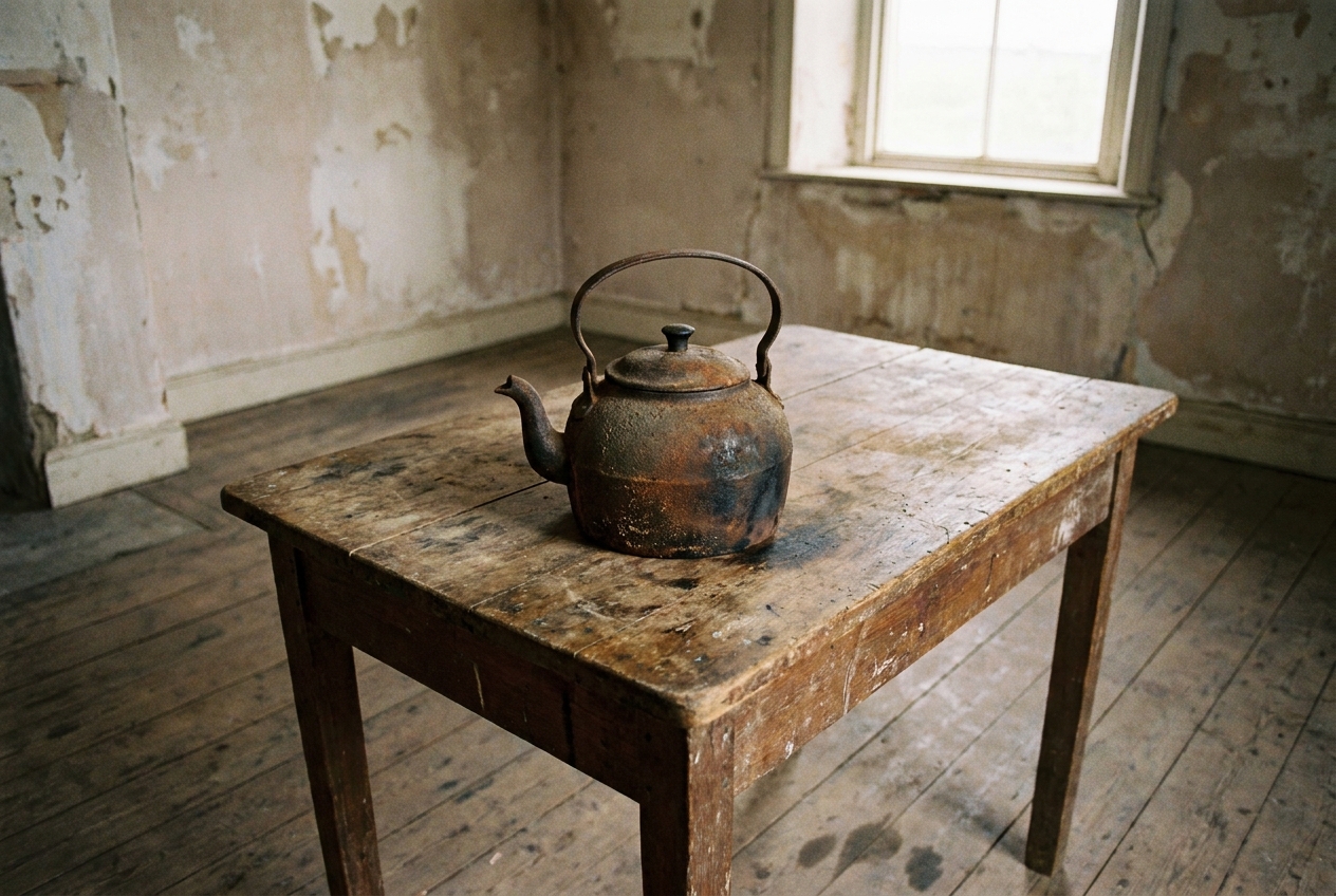 A rusted cast-iron kettle on a scrubbed wooden table in a derelict room with peeling plaster, flat overcast daylight from a window