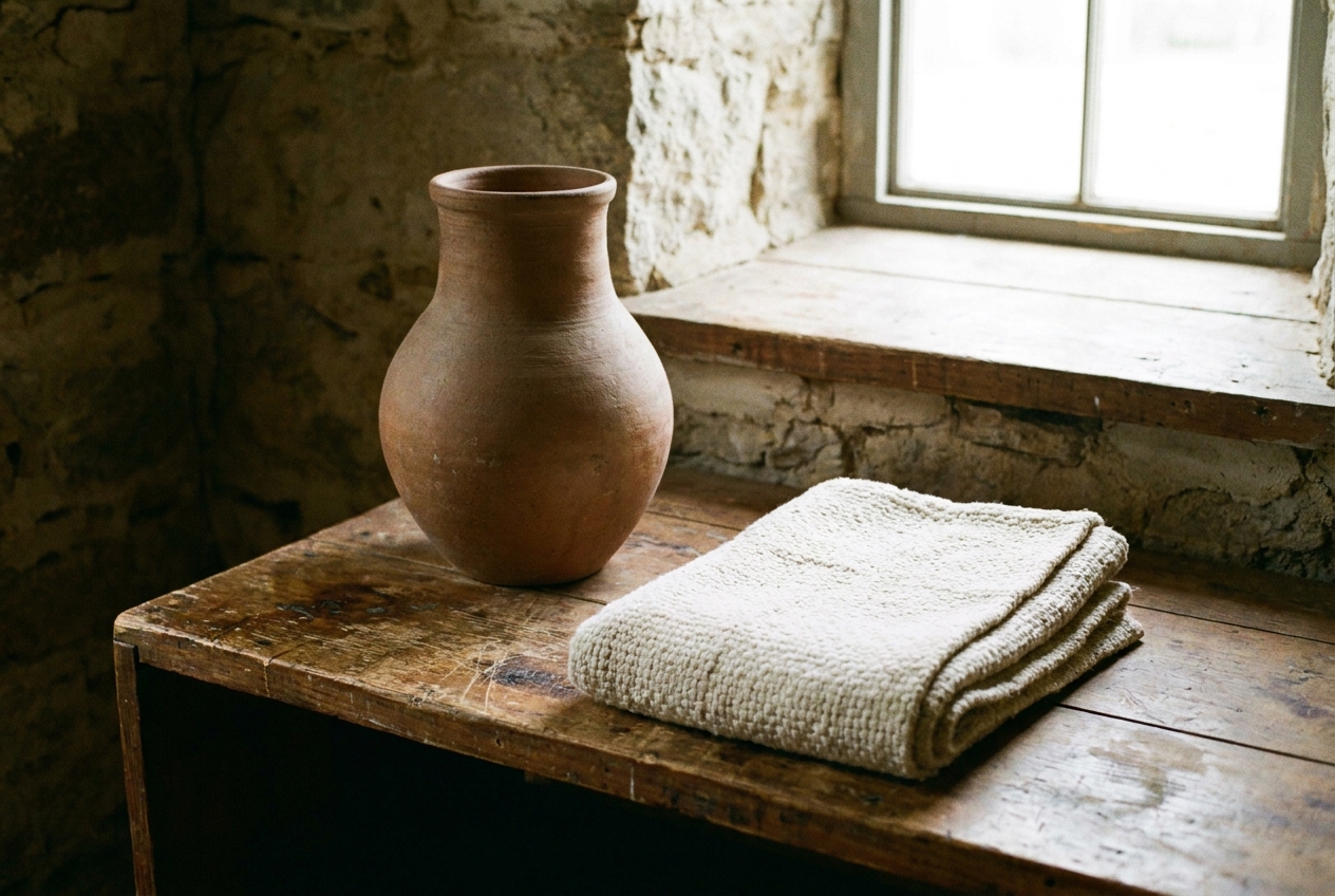 No references: a terracotta pot and a cream waffle-weave cloth on a wooden table in a sunlit cottage interior, warm daylight from a window in a limestone wall