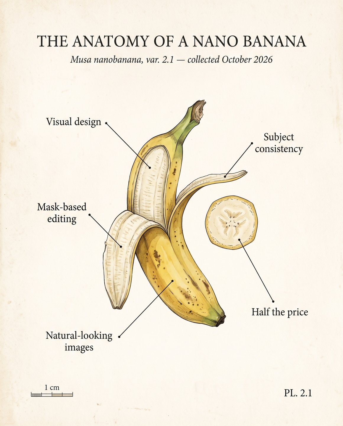 Nano Banana 2.1の画像。クリーム色のコットン紙に水彩とインクで描かれた植物図版で、タイトルは「THE ANATOMY OF A NANO BANANA」。半分むいたバナナと断面から5本の引き出し線が「Visual design」「Mask-based editing」「Subject consistency」「Natural-looking images」「Half the price」のラベルに伸び、1cmのスケールバーと図版番号「PL. 2.1」がある