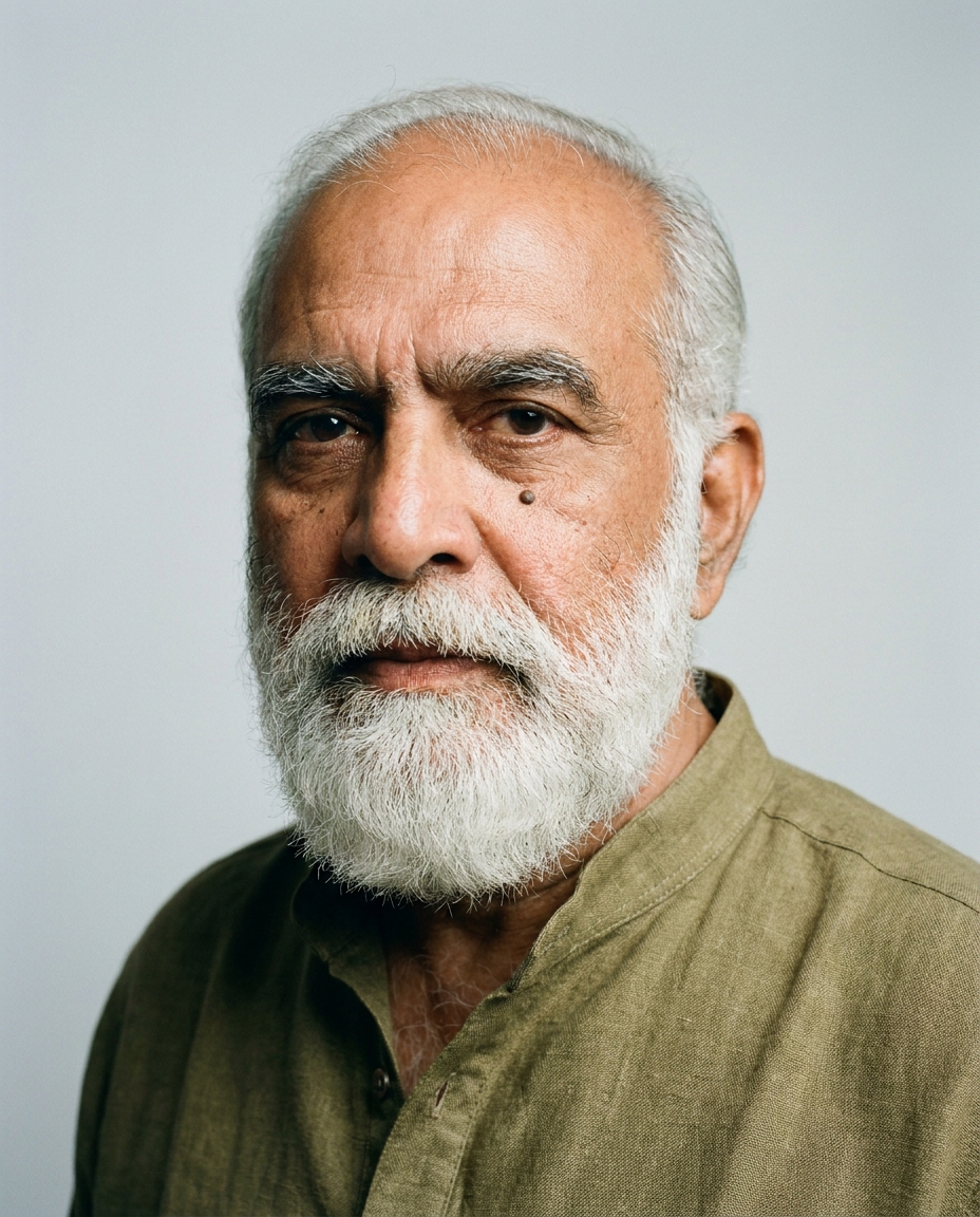 A studio portrait of a man in his sixties with a full white beard, heavy grey brows and a small mole below his right eye, in an olive linen kurta against plain grey