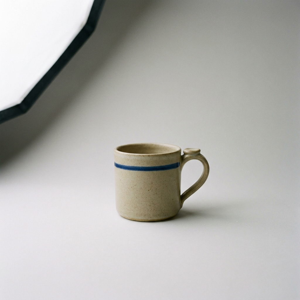 A stoneware mug with matte oatmeal glaze and one cobalt band near the rim, on a pale grey seamless sweep under soft box light, with the softbox visible top left