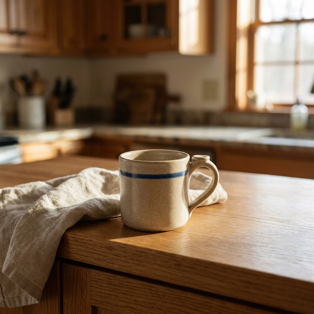 The style source: a stoneware mug on a warm oak kitchen counter beside linen, morning light from a window, the kitchen soft behind