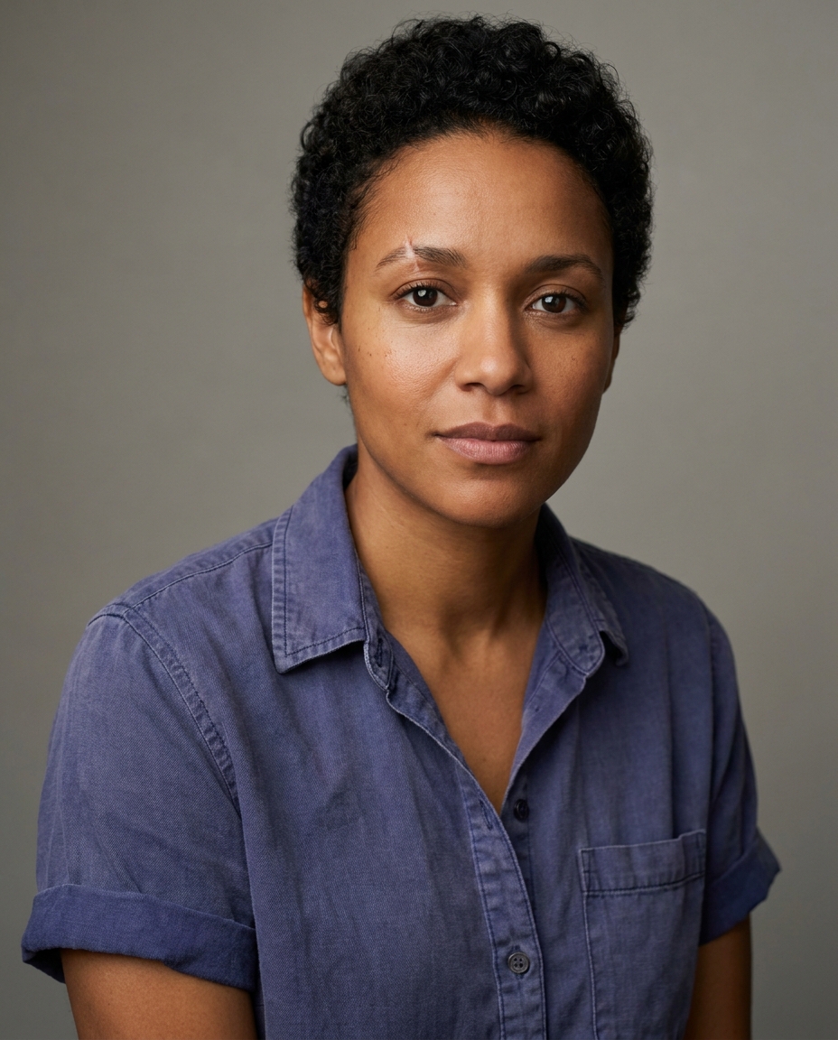 The master reference: a woman in her thirties with short dark curly hair and a small scar through her eyebrow, in an indigo work shirt, against a plain grey studio backdrop