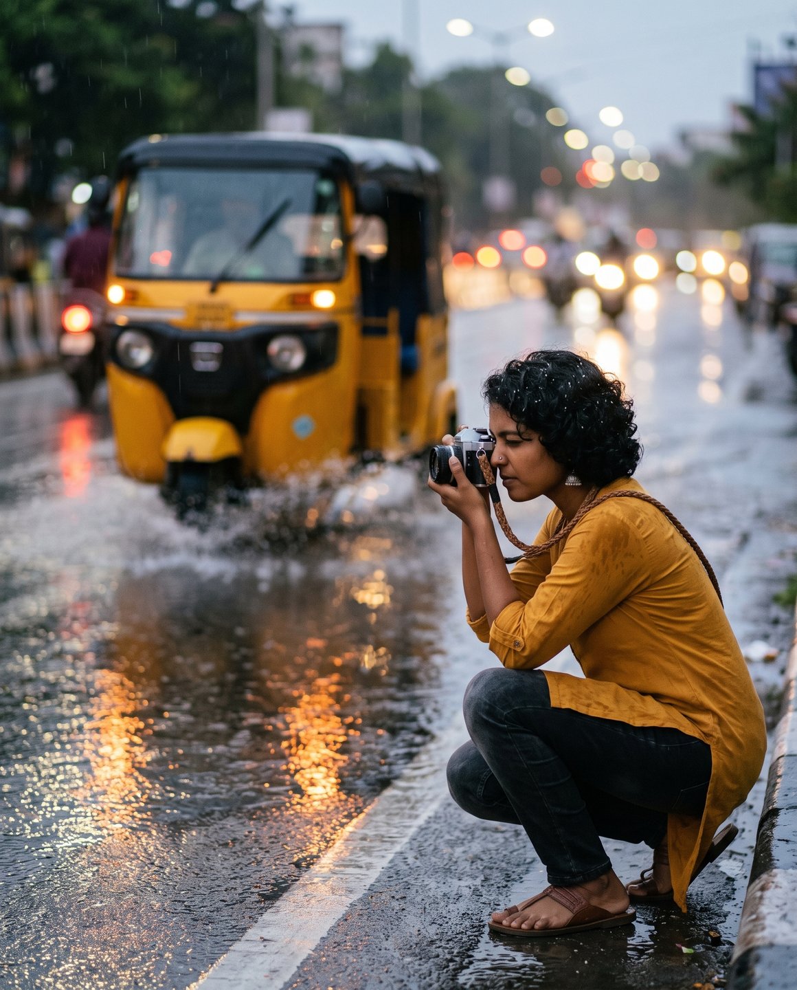 夕暮れの雨に濡れたチェンナイの道端でしゃがみ、水たまりをはね上げて走る黄色いオートリキシャを撮影する同じ女性。後ろには街灯がぼけている