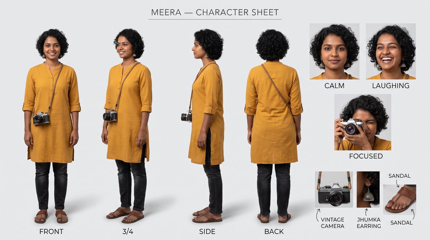 「MEERA — CHARACTER SHEET」と題したキャラクターシート。短い黒の巻き毛で、マスタード色のクルタ、黒いジーンズ、サンダル姿の女性が、編み紐のストラップでフィルムカメラを下げている。正面、斜め、横、後ろの4方向と、「CALM」「LAUGHING」「FOCUSED」とラベルの付いた顔のアップ、カメラ、ジュムカのイヤリング、サンダルの細部がある