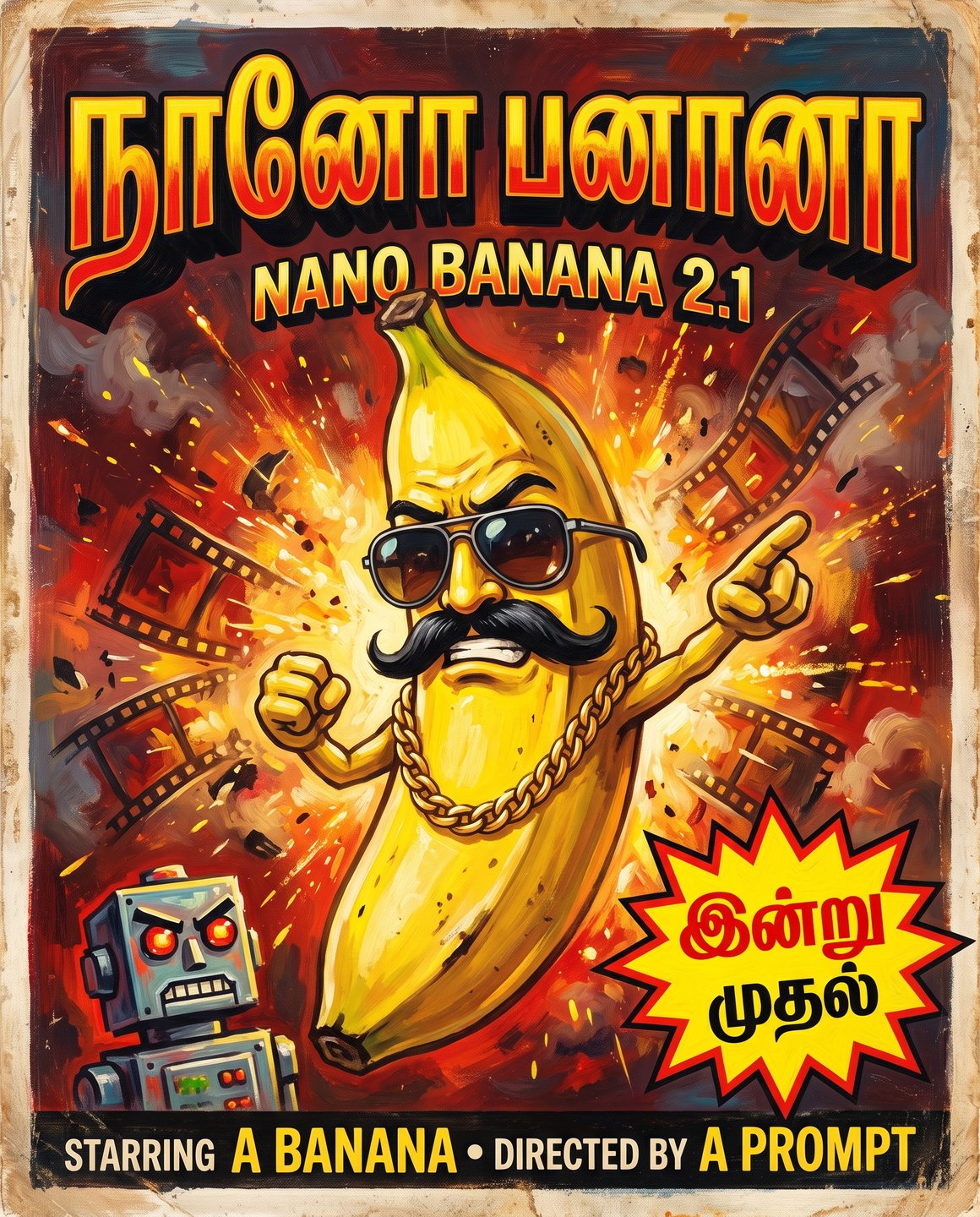 1970年代風の手描きのタミル映画の看板。タイトルは「நானோ பனானா」で、その下に「NANO BANANA 2.1」。口ひげとアビエーターのサングラス、金のチェーンを付けたバナナが、はじけるフィルムリールを背にアクションポーズを取っている。左下では箱型のロボットがにらみ、黄色い星形のマークに「இன்று முதல்」、下の帯に「STARRING A BANANA • DIRECTED BY A PROMPT」と書かれている