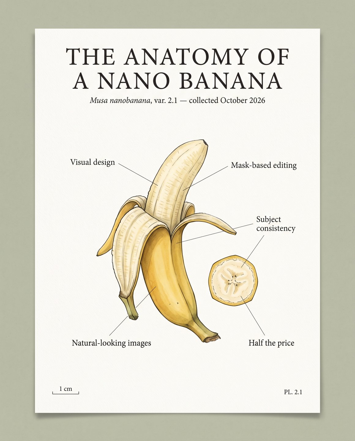 同じプロンプトでのNano Banana 2の画像。白いポスターに、むいたバナナと輪切りをすっきりしたデジタルイラストで描き、同じタイトルと5つのラベルがある。セージグリーンの背景の上に、ポスターのモックアップとして置かれている