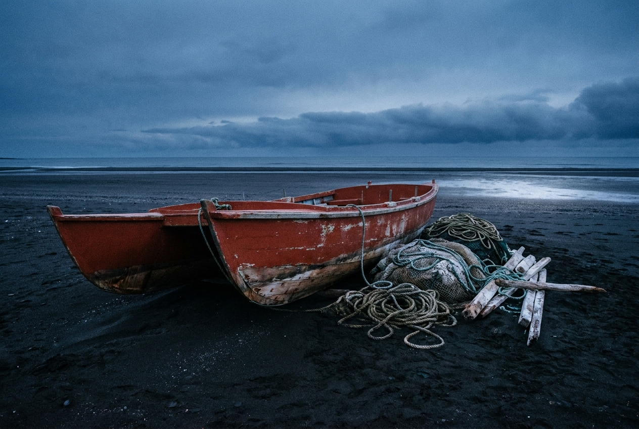 A red-hulled catamaran hauled up on dark wet sand at blue hour, coiled rope and nets heaped beside it, storm cloud over a flat sea
