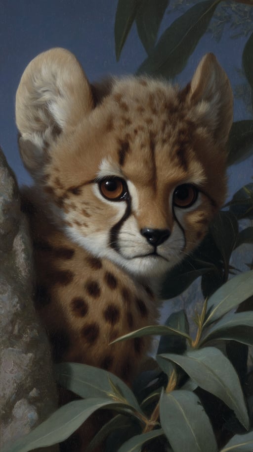 Cheetah cub among green leaves on a tree trunk