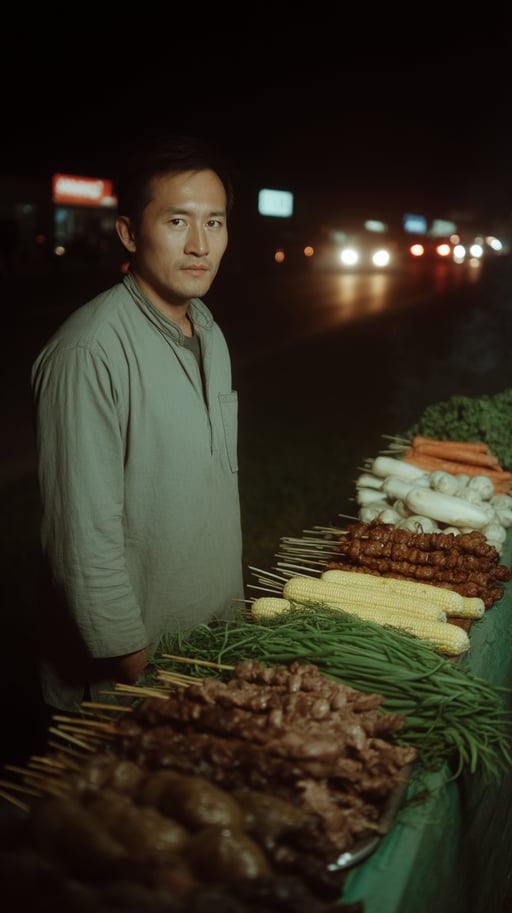 Street food vendor standing behind grill at night with bokeh headlights