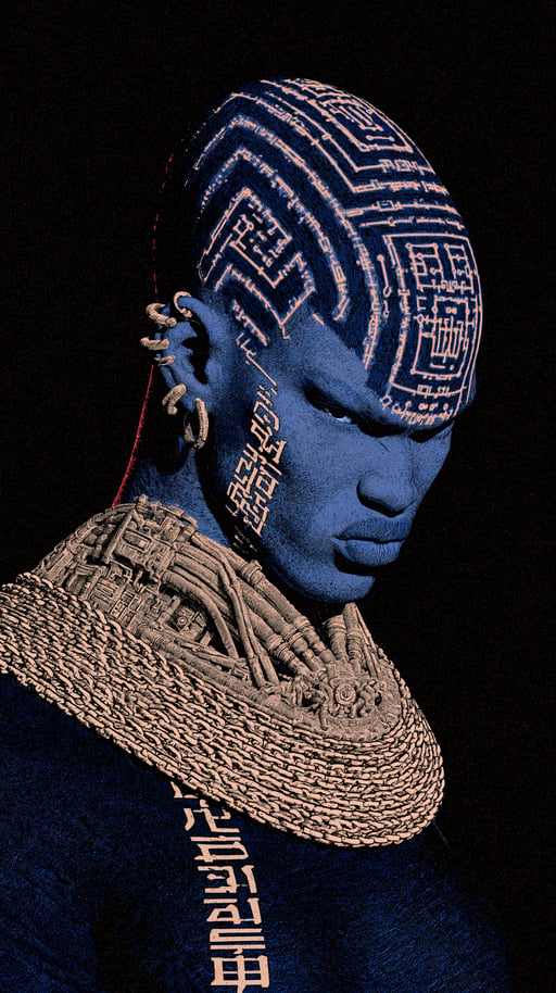 Blue cybernetic portrait with etched circuitry and sculptural neckwear