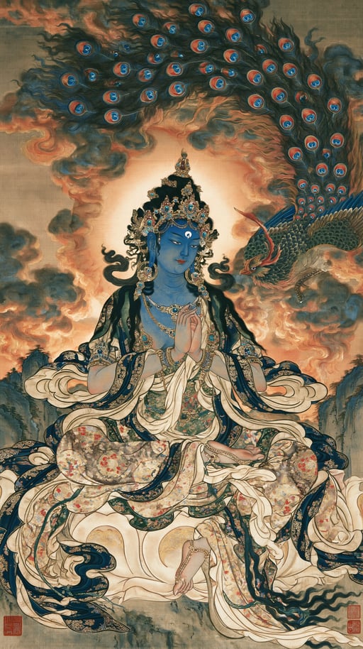 Ornate blue deity seated beneath a peacock-shaped cloud canopy