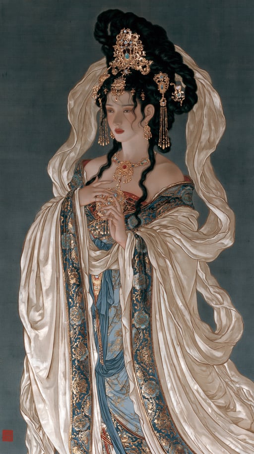 Regal portrait in flowing ivory silk and blue-gold embroidery