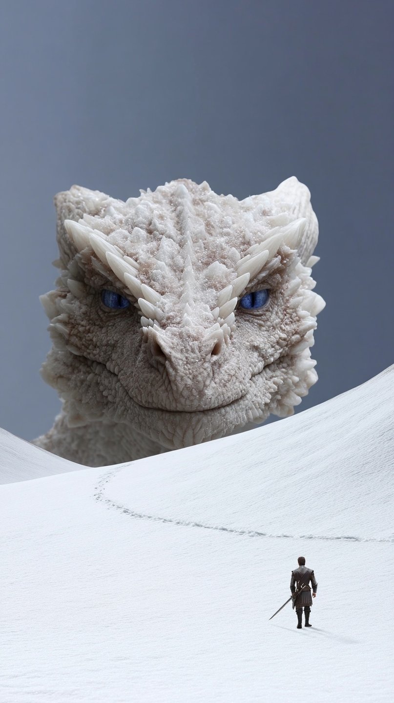 Frozen Testament：雪の中の孤独な騎士と、その頭上の白いドラゴン（Midjourney、AIKIZIで解析）