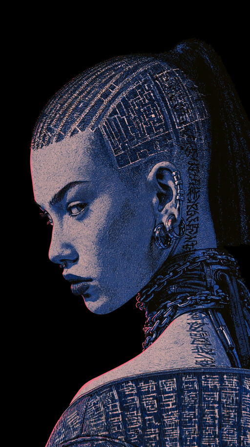 Blue cybernetic side portrait on a deep black background