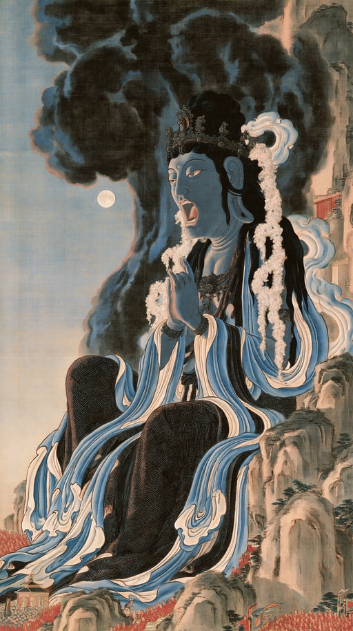 Blue-robed figure seated in a moonlit mountain landscape