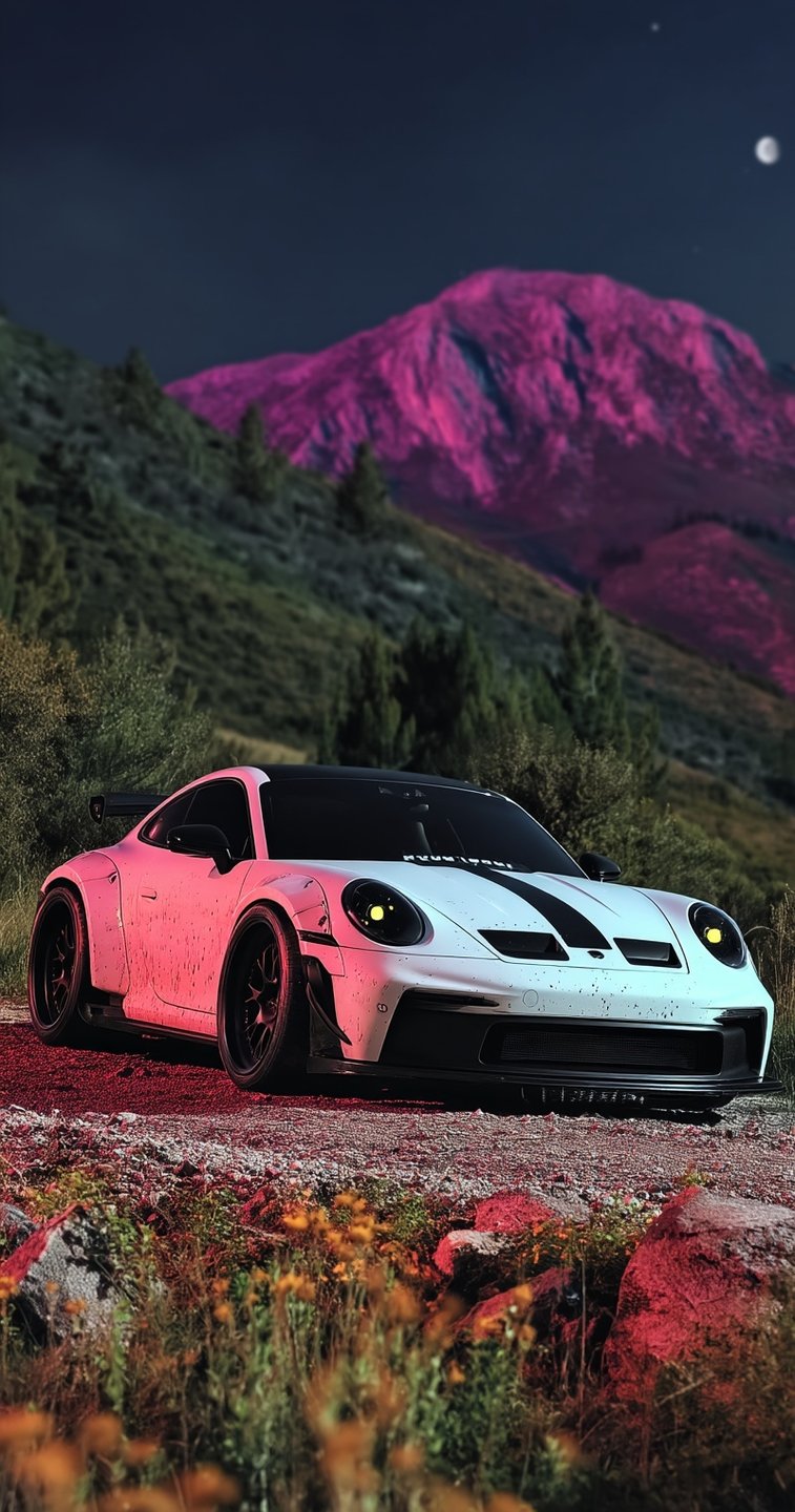 Savage Zenith：マゼンタの山並みの下、泥はねした白いスポーツカー（Midjourney、AIKIZIで解析）
