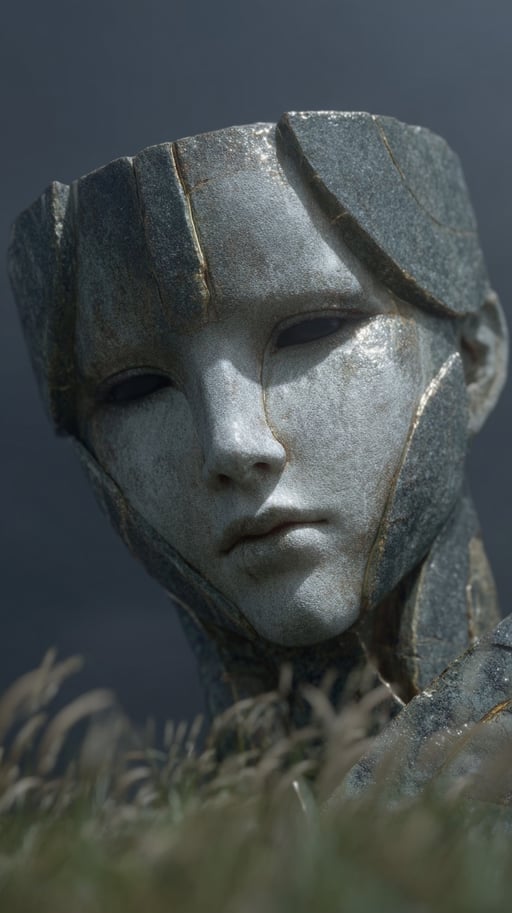 Cracked stone face sculpture with gold kintsugi repair lines