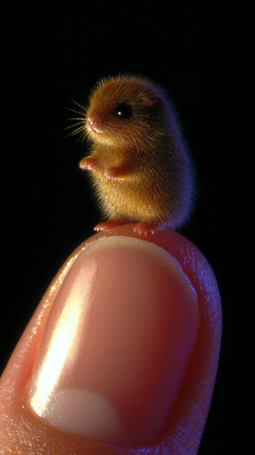 Tiny golden creature perched on a human fingertip against black void