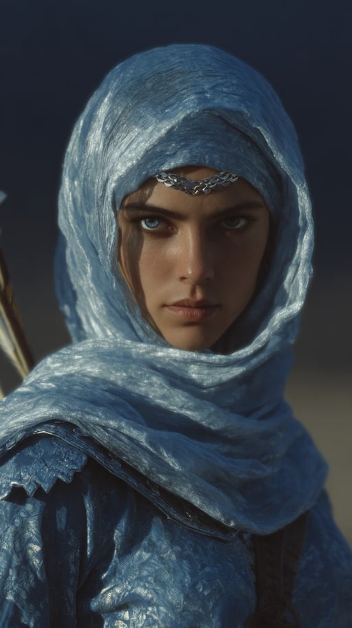 Figure in blue headscarf with silver circlet and piercing eyes