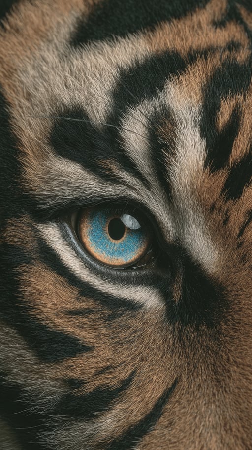 Extreme close-up of a cyan tiger eye with onyx fur stripes