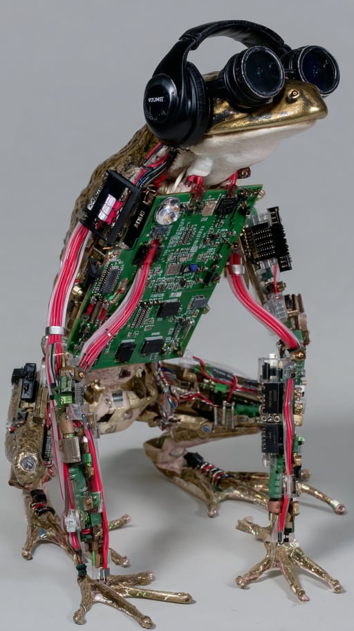 Cybernetic frog with green motherboard chest and red wiring wearing headphones