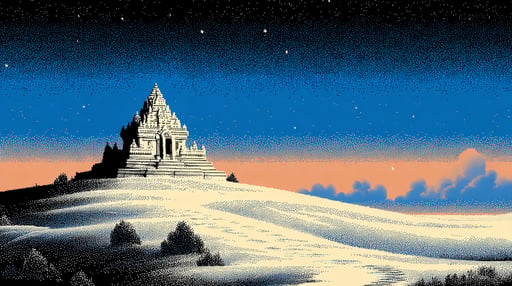 Pixel art ancient stepped temple under dithered night sky