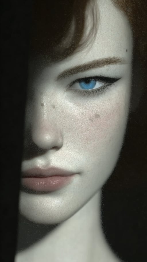 Blue-eyed woman with freckled skin in deep shadow