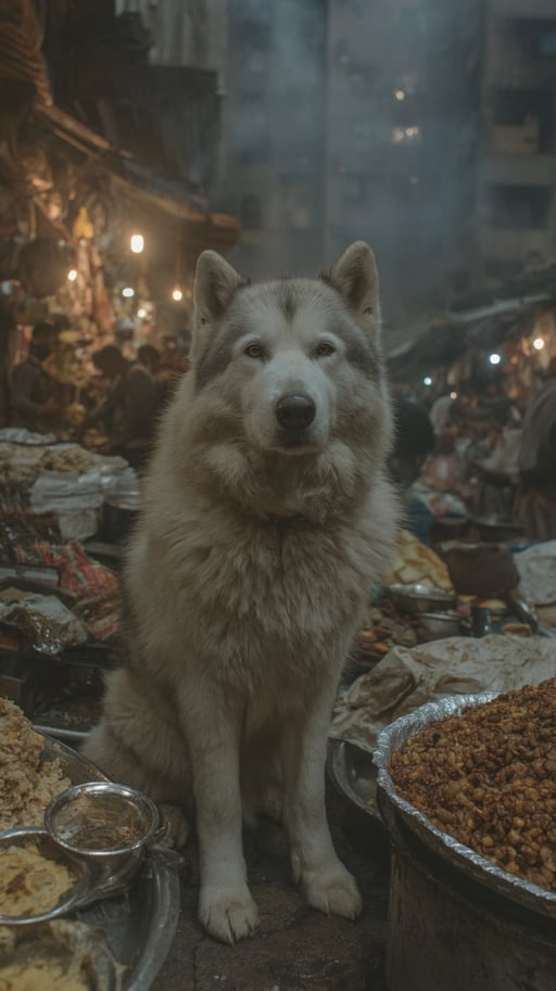 Malamute dog sitting in a smoky spice market at night