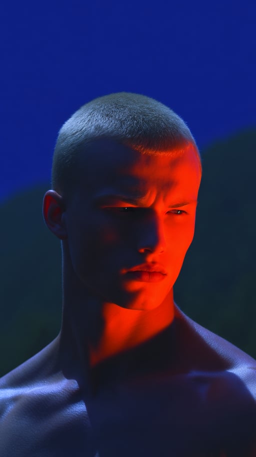 Buzz-cut male figure with orange illumination against cobalt