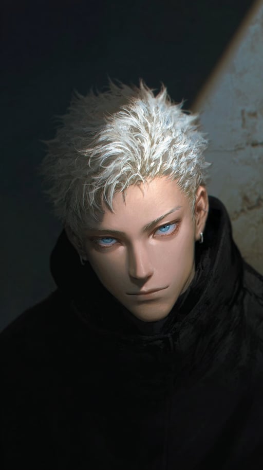 White-haired figure with blue eyes in black hoodie