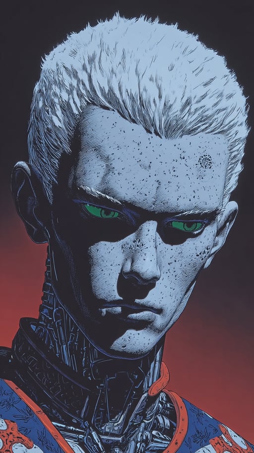 Cyberpunk manga character with cybernetic neck assembly and luminescent green eyes