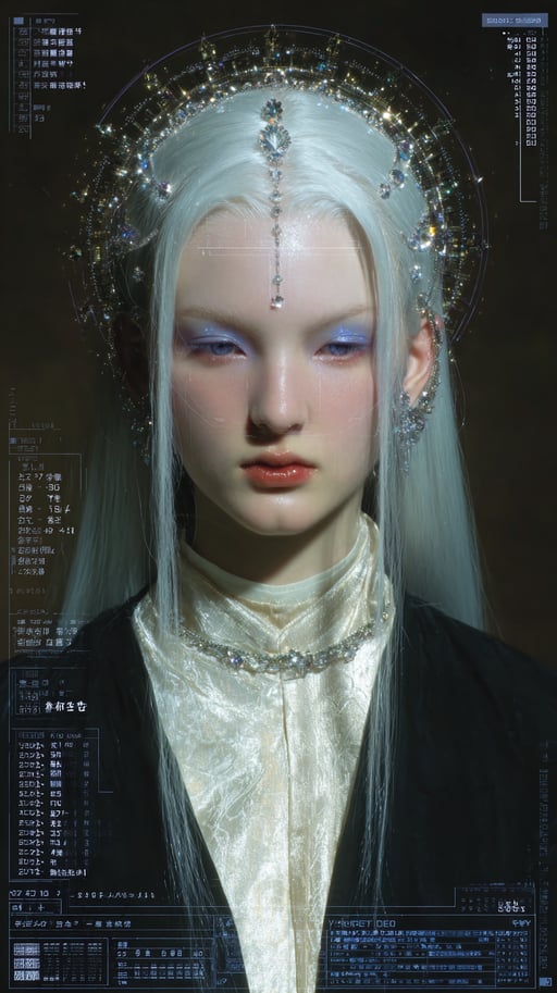 Pale figure with crystal halo crown and digital HUD overlay