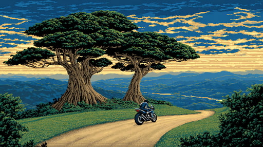 Pixel art banyan trees with motorcyclist at golden hour sunset