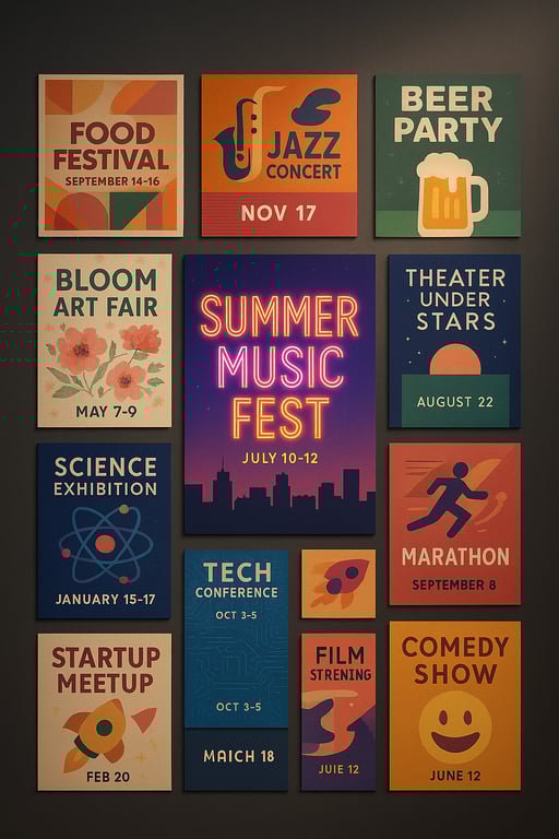 Collage of various Events & Entertainment posters displayed on a gallery wall