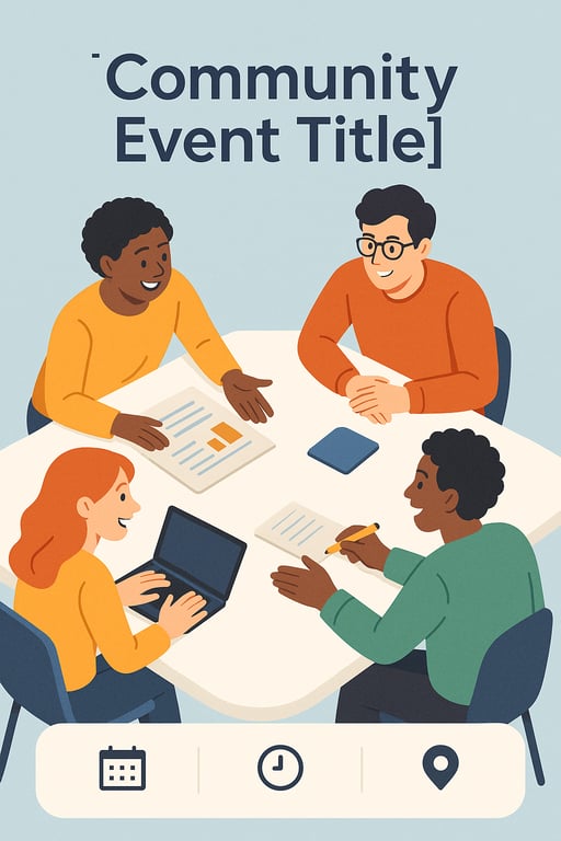 Community event flyer with people around a table and icons