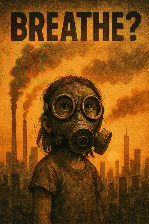 City skyline with smog and child wearing gas mask