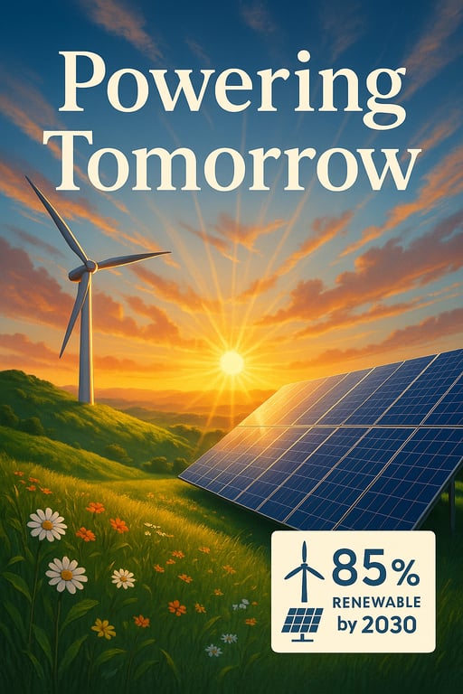 Wind turbines and solar panels on green hills at sunrise